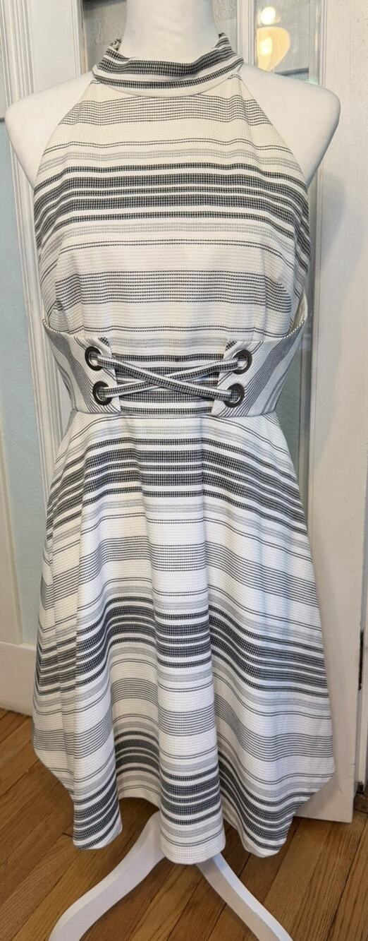 Antonio Melani Dress Sleeveless Halter Sheath White Black Stripe Size 6 Pockets